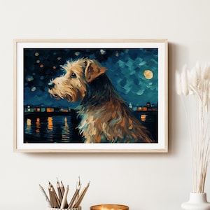 The Starry Night and a dog by Vincent Van Gogh, Remastered, Printable wall art, cute dog, pet lovers, landscape art, Home Decor, Poster art