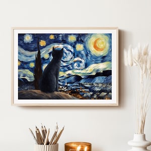 The Starry Night and a Cat by Vincent Van Gogh, Remastered, Printable wall art, Funny Cat, cat lovers, landscape art, Home Decor, Poster