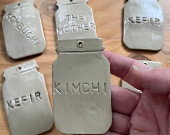 Jar label in white enamelled stoneware for Kimchi,  handmade, kitchen decoration, home decor, traditional, French workshop, France