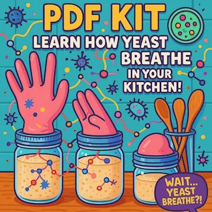 Peut inclure: Une illustration colorée d'un kit PDF qui enseigne comment la levure respire dans votre cuisine. L'illustration présente une main de dessin animé avec un gant rose, un pot de levure et une bulle de texte qui dit "ATTENDEZ... LA LEVURE RESPIRE ?!"