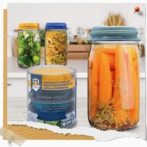 Op de afbeelding: Vier blauwe siliconen deksels voor brede-mond mason-potten. De deksels zijn gelabeld met "INSTANTLY TURN ANY WIDE-MOUTH MASON JAR INTO A FERMENTER" en "SILICONE AIRLOCK FERMENTATION STRETCH LIDS". De deksels worden getoond op potten gevuld met augurken, zuurkool en wortelen.