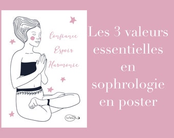 Poster méditation sur les valeurs  de la sophrologie : Confiance, Espoir et Harmonie