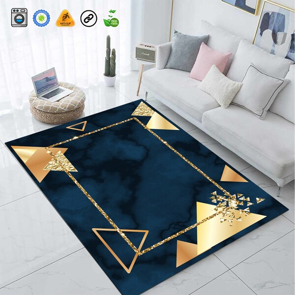 Geometric marble pattern rug, Navy blue and gold, homeDecor rug, area rug, custom rug, abstract rug, living room rug, housewarming,025