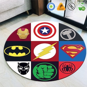 Super Hero Logo Patterned Nursery Carpet, Avengers Rug, Ironman, Captain America, Hulk, Spiderman, Avengers , Thor Hammer Rug