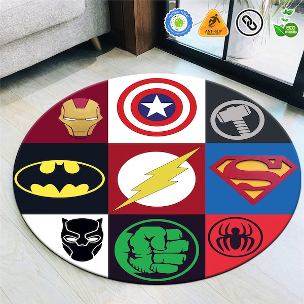 Super Hero Logo Patterned Nursery Carpet, Avengers Rug, Ironman, Captain America, Hulk, Spiderman, Avengers , Thor Hammer Rug