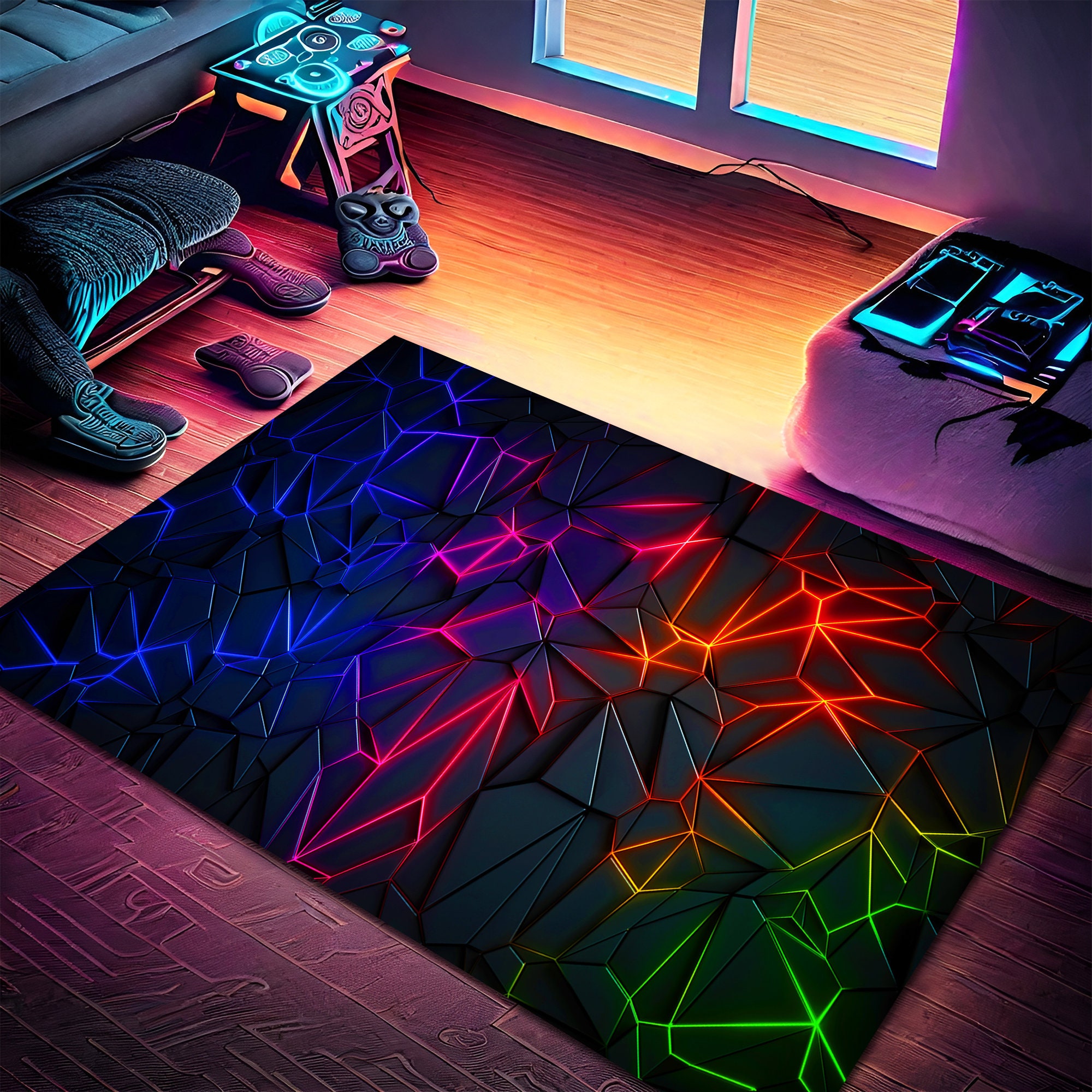 Neon Pattern Rug, Colorful Rug, Gamer Rug, Gaming Rug, Play Room Rug ...