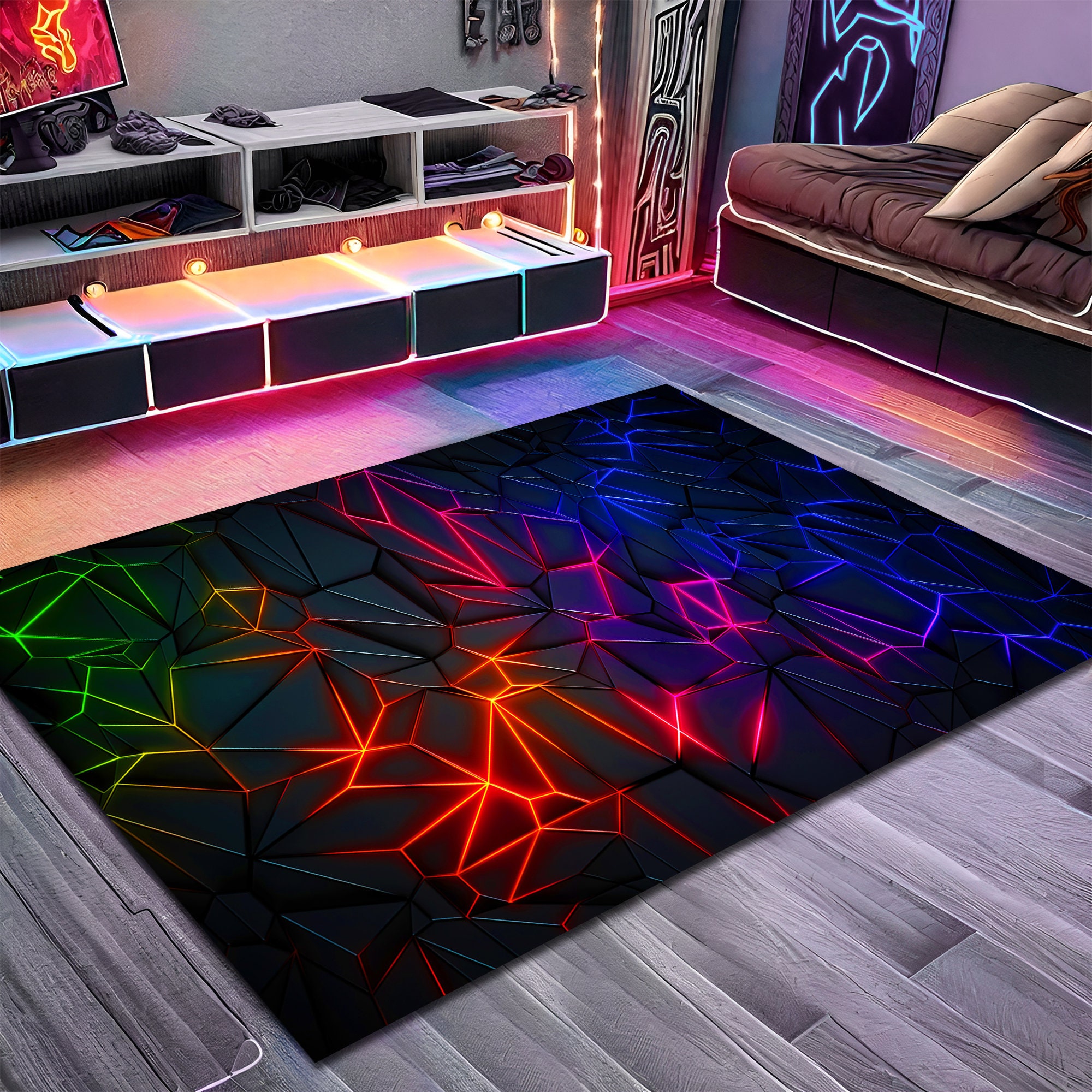 Neon Pattern Rug, Colorful Rug, Gamer Rug, Gaming Rug, Play Room Rug ...