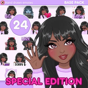 黒人女性のエモート、前髪ヘアパック 24 個、Twitch、Discord、あらゆるストリームとチャット用 [女性 JAMILA: 黒髪 / 茶色の目 / モカ肌]