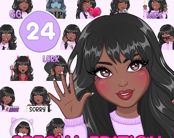 Emotes de chica negra, paquete de 24 peinados con flequillo para Twitch, Discord y cualquier transmisión y chat [JAMILA femenina: cabello negro / ojos marrones / piel color moca]