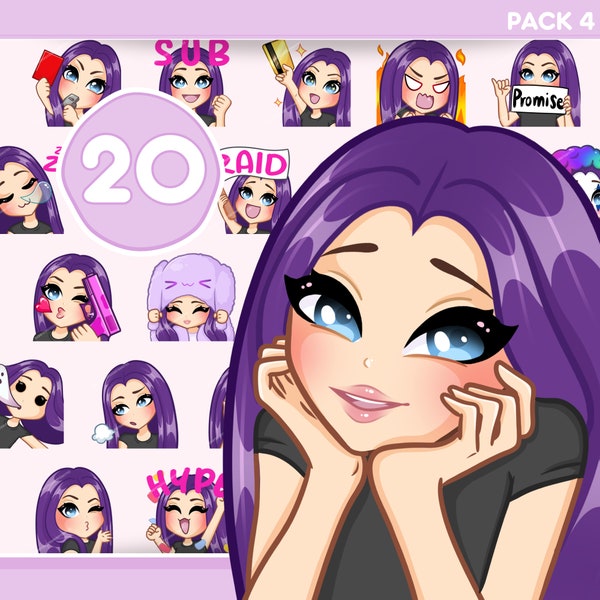 Purple Hair Girl Emotes, Bundle 20 for discord, twitch youtube and any stream and chat [female BONNYE: Violet hair / Blue eyes /Pale skin]