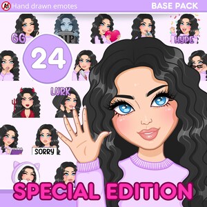 Curly Hair Girl Emotes, Cute emotes Pack 24pcs for discord, youtube and any stream and chat [female EMMA: Black hair / blue eyes /Pale skin]