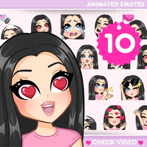 Twitch Animated Emotes, 10 pcs Girl Emotes for Twitch, discord and any stream and chat [female HARPER: Black hair /Blue eyes /Pale skin]