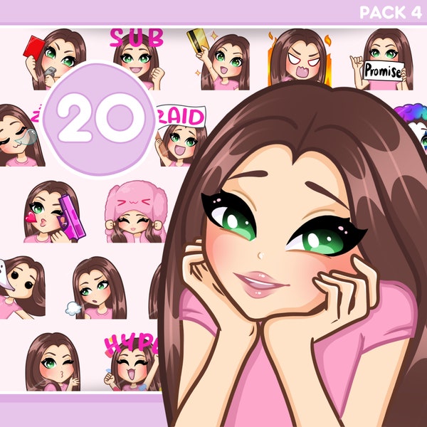 Cute Twitch Girl Emotes, 20pcs Emotes Pack for discord, youtube and any stream and chat [female RACHEL: Brown hair / Green eyes / Pale skin]