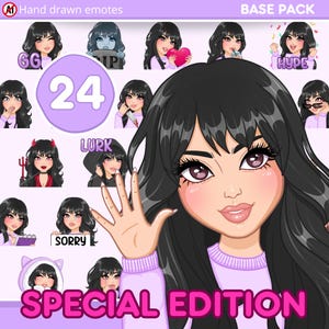 Twitch Emotes, Bangs hair emotes Pack 24pcs for discord, youtube and any stream and chat [female HANNA: Black hair / brown eyes / Pale skin]