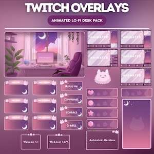 Twitch Overlays Pack Lofi Desk, Animated Switch Scenes for Stream - Pink Lofi Desk