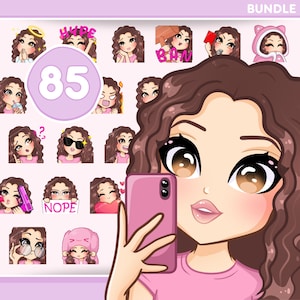 Emotes with Curly Hair, Bundle 85pcs for discord, tiktok, youtube and any stream and chat [female MEGAN: Brown hair /Honey eyes /Pale skin]