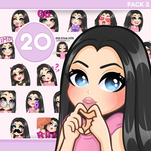 黒髪のエモート、Discord、Kick、YouTube、あらゆるストリームやチャット用の 20 個のアニメート [女性ハーパー: 黒髪 / 青い目 / 青白い肌]