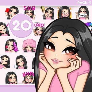 ちびガール Twitch エモート、Discord、Kick、あらゆるストリームとチャット用の 20 個バンドル [女性 SASHA: 黒髪 / 茶色の目 / 青白い肌]