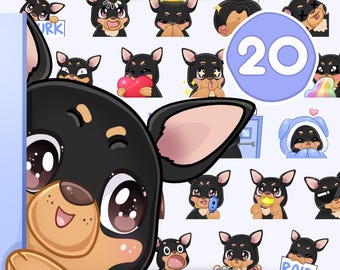Emotki Pinscher Dog, emotikony psów 20 szt. na Twitch, Discord, Kick, TikTok i dowolny stream i czat [chihuahua / pincher, KOLOR: Czarny / Brązowy]