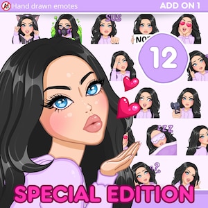 Twitch Girl Emotes, Cute emotes Pack 12pcs for discord, youtube and any stream and chat [female EMMA: Black hair / blue eyes / Pale skin]
