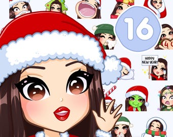 May include: A set of 16 Christmas-themed digital stickers featuring a cartoon woman with brown hair and brown eyes. The stickers include various expressions and poses, such as wearing a Santa hat, holding a candy cane, and wearing a snowman costume. The text "Happy New Year!" is included in one of the stickers.