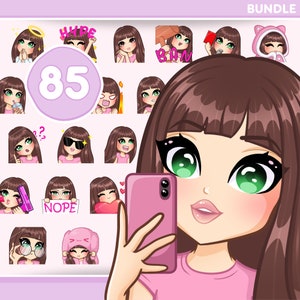 Emotes with bangs, Bundle 85pcs for discord, tiktok, youtube and any stream and chat [female RACHEL: Brown hair /Green eyes /Pale skin]