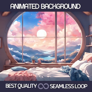 Puede incluir: Un fondo animado que presenta un dormitorio con una gran ventana redonda con vistas a una cordillera y un lago. El cielo es de un rosa y azul vibrantes con nubes esponjosas. La cama está hecha con sábanas blancas y una manta rosa. Hay una pequeña planta en una mesa junto a la ventana. El texto "BEST QUALITY" y "SEAMLESS LOOP" está en la parte inferior de la imagen.