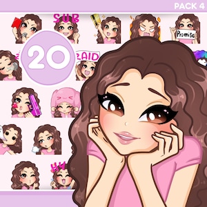 Curly Girl Twitch Emotes, 20 pcs Bundle pack for discord, youtube and any stream and chat [female MYA : Brown hair / Brown eyes / Pale skin]