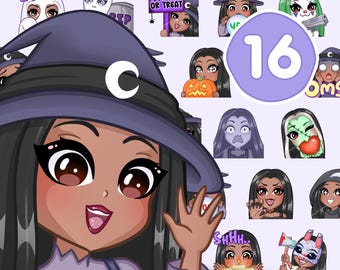 Halloween Witch emotes, Spooky Bundle for twitch, discord and any stream and chat [female PIXIE: Black hair / Dark Brown eyes /Caramel skin]