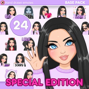 Twitch Girl Emotes, Cute emotes Pack 24pcs for discord, youtube and any stream and chat [female EMMA: Black hair / blue eyes / Pale skin]