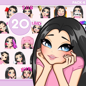 Black Hair Emotes, 20 pcs animotes for discord, kick, youtube and any stream and chat [female HARPER: Black hair / Blue eyes / Pale skin]