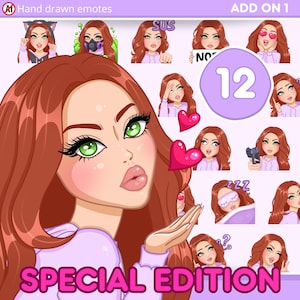 Red Hair Girl Emotes, Pack 12pcs for Twitch, discord, youtube and any stream and chat [female SHIRLEY: Ginger hair / Green eyes / Pale skin]