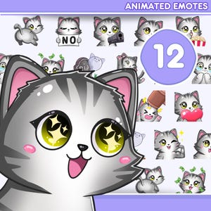 Puede incluir: Un conjunto de 12 emoticonos animados de gatos, cada uno representando un gato atigrado gris con diferentes expresiones. Los emoticonos muestran al gato en varias poses, como sosteniendo un arma, llorando y sosteniendo un corazón. El texto "ANIMATED EMOTES" está en la parte superior.