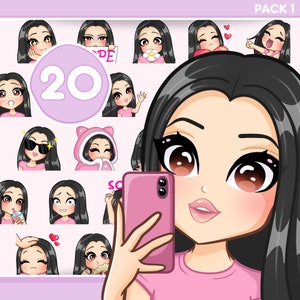 ちびガール Twitch エモート、Discord、YouTube、あらゆるストリームとチャット用の 20 個バンドル [女性 SASHA: 黒髪 / 茶色の目 / 青白い肌]