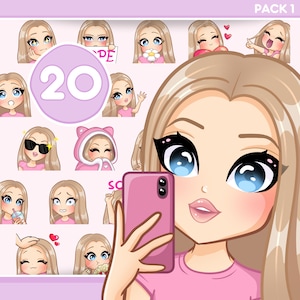 Chibi Girl Twitch Emotes, Bundle 20 Stück für Discord, Youtube und jeglichen Stream und Chat [weibliche ALLISON: Blonde Haare / Blaue Augen / Blasse Haut]