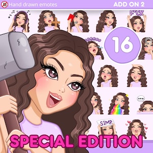 Girl Twitch Emotes, Curly Pack 16pcs for discord, youtube and any stream and chat [female WILLOW: Light Brown hair / brown eyes / Pale skin]