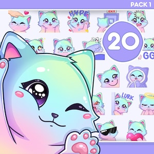 Può includere: Una collezione di 20 adesivi di gatti dei cartoni animati in varie pose ed espressioni. I gatti sono principalmente blu, con accenti rosa e viola. Alcuni adesivi hanno testo come "HYPE" e "LURK". Gli adesivi sono in un pacchetto etichettato "PACK 1".