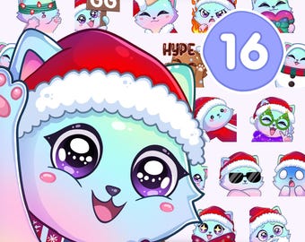 Puede incluir: Un conjunto de 16 pegatinas de gatos navideños. Cada pegatina presenta un gato de dibujos animados con diversas expresiones y accesorios festivos, incluyendo gorros de Papá Noel y bufandas. Las pegatinas son en tonos de azul, rosa y rojo.