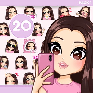Può includere: Un set di 20 adesivi digitali con una ragazza dei cartoni animati con i capelli castani e diverse espressioni. La ragazza tiene un telefono in un adesivo e indossa una maglietta rosa. Gli adesivi sono perfetti per aggiungere un tocco personale ai tuoi messaggi, post sui social media e altro ancora.