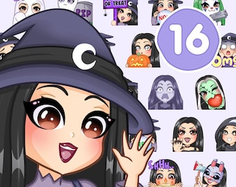 Halloween Emotes, Spooky emotes 16 pcs, Bundle for twitch, discord and any stream and chat [female SASHA: Black hair /Brown eyes /Pale skin]