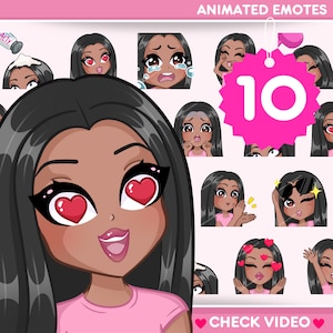 May include: Animated emotes featuring a cartoon woman with brown skin and black hair. The woman is shown with different expressions, including love, crying, surprised, and more. The image includes the text "Animated Emotes" and "10".