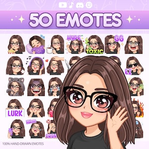 May include: A digital art graphic featuring a cartoon woman with glasses and various emotes. The image includes the text "50 EMOTES" and "100% HAND-DRAWN EMOTES". The emotes display different expressions and phrases like "HYPE", "TOXIC", "GG", "EZ", "LURK", "HAHA", and "GRIN".