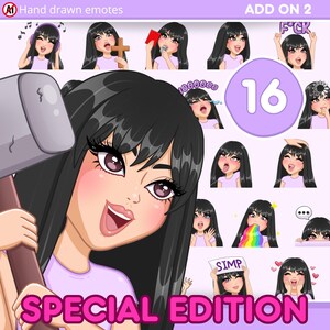 Twitch Emotes, Bangs hair emotes Pack 16pcs for discord, youtube and any stream and chat [female HANNA: Black hair / brown eyes / Pale skin]