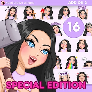 Twitch Girl Emotes, Cute emotes Pack 16pcs for discord, youtube and any stream and chat [female EMMA: Black hair / blue eyes / Pale skin]
