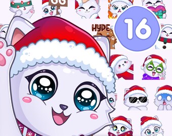 Winter Cat Emote, 16Pcs White Cat Christmas Emotes for Twitch, Discord, Tiktok and Any Stream and Chat