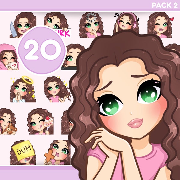 Wavy Hair Twitch Emotes, 20 pcs Pack for discord, youtube, kick and any stream and chat [female RACHEL: Brown hair / Green eyes / Pale skin]