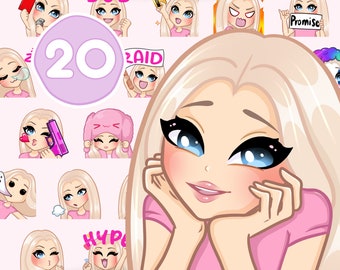 Girl Twitch Emotes, Bundle 20 pcs for discord, youtube and any stream and chat [female GWENDA: Light Blonde hair / Blue eyes / Pale skin]