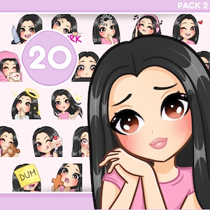 Chibi Girl Twitch Emotes, Bundle 20 pcs for discord, kick and any stream and chat [female SASHA: Black hair / Brown eyes / Pale skin]