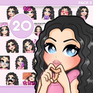 Curly Hair Girl Emotes, Bundle 20pcs for discord, youtube and any stream and chat [female HARPER: Black hair / Blue eyes / Pale skin]