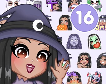 Halloween Witch Girl emotes 16 pcs, Bundle for twitch, discord and any stream and chat [female DIANA: Black hair / Brown eyes / Milk skin]